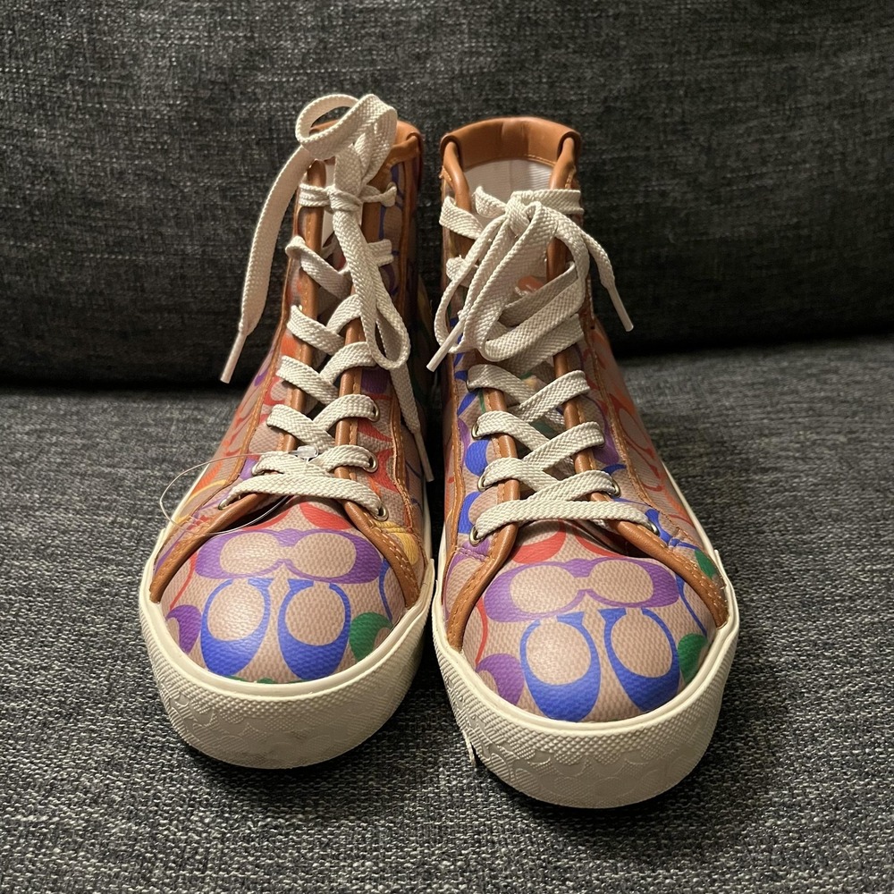 Coach Shoes Womens Size 8.5 Multicolor Signature Canvas High Top Sneakers CA855 - Picture 2 of 10